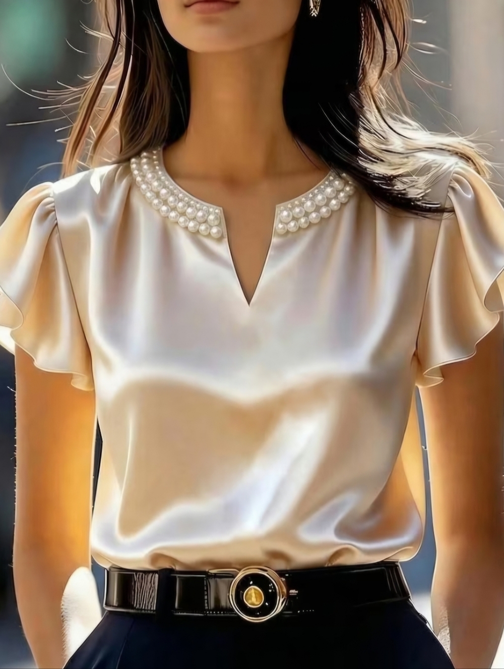 **COMING SOON** Pearl-Trim Satin Flutter Sleeve Blouse - Cream